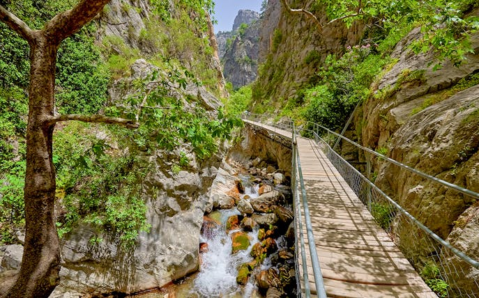Wooden walkway through a rocky canyon with a stream, Antalya family rafting tour.