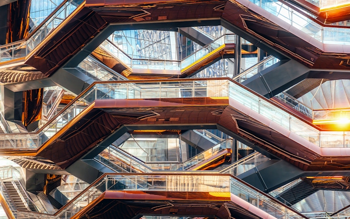 Vessel's intricate staircases and reflective surfaces in New York City.