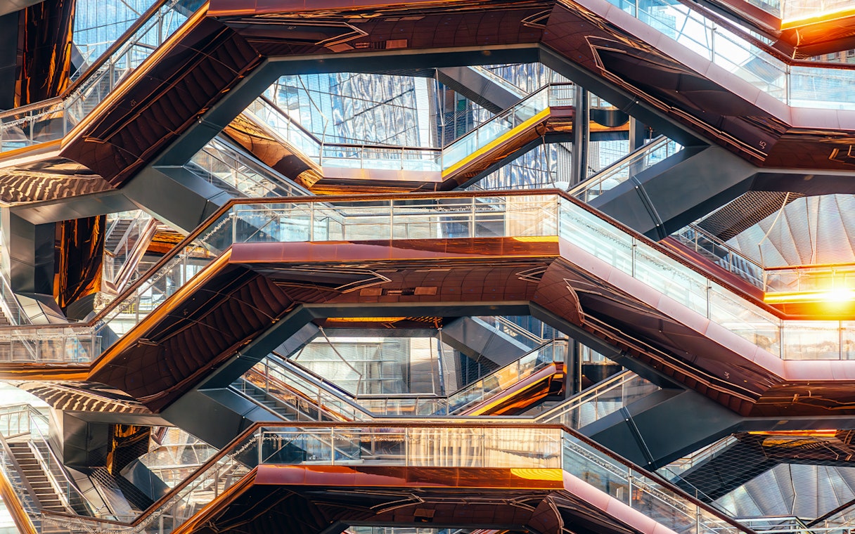Vessel's intricate staircases and reflective surfaces in New York City.