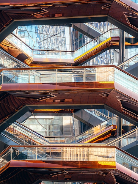 Vessel's intricate staircases and reflective surfaces in New York City.