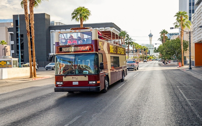 Las Vegas hop-on hop-off bus on city street with Stratosphere Tower in background.