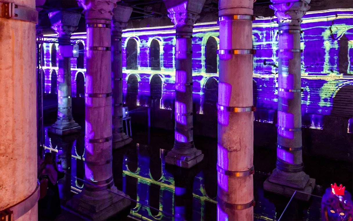Theodosius Cistern illuminated columns with vibrant light displays, Istanbul.