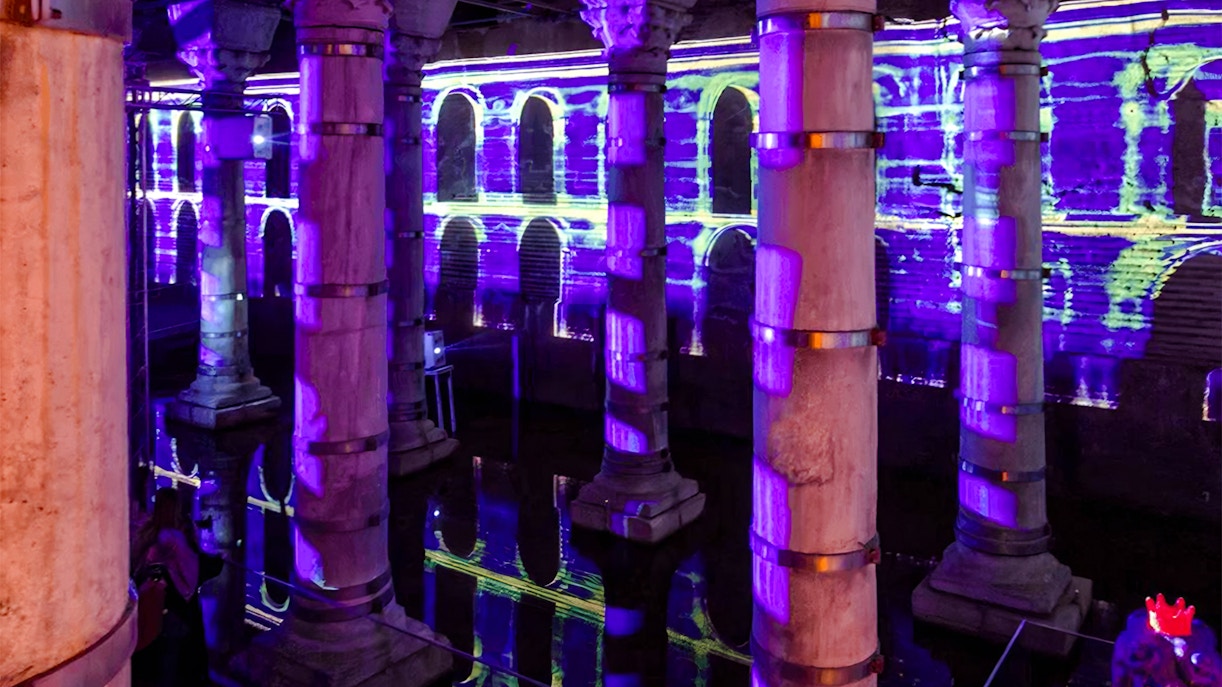 Theodosius Cistern illuminated columns with vibrant light displays, Istanbul.