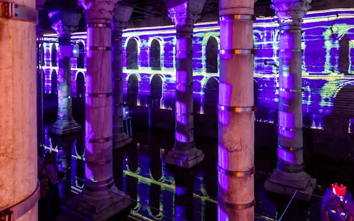 Theodosius Cistern illuminated columns with vibrant light displays, Istanbul.
