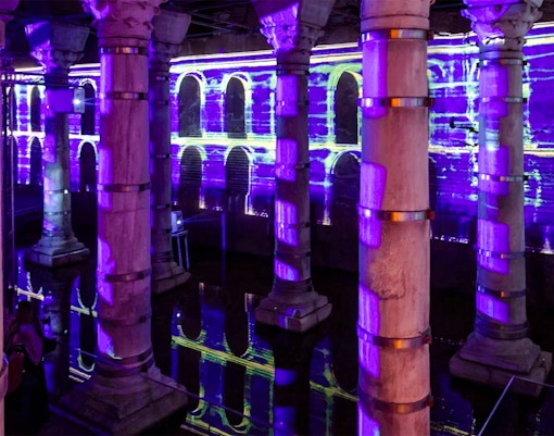 Theodosius Cistern illuminated columns with vibrant light displays, Istanbul.