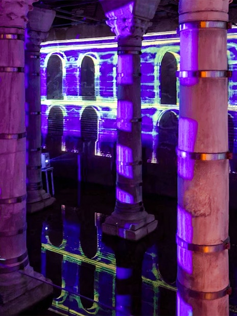 Theodosius Cistern illuminated columns with vibrant light displays, Istanbul.