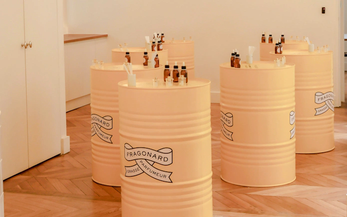 Fragonard perfume workshop display with bottles in Paris.