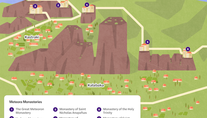 Map of Meteora monasteries in Greece, showing locations of six monasteries near Kastraki and Kalabaka.