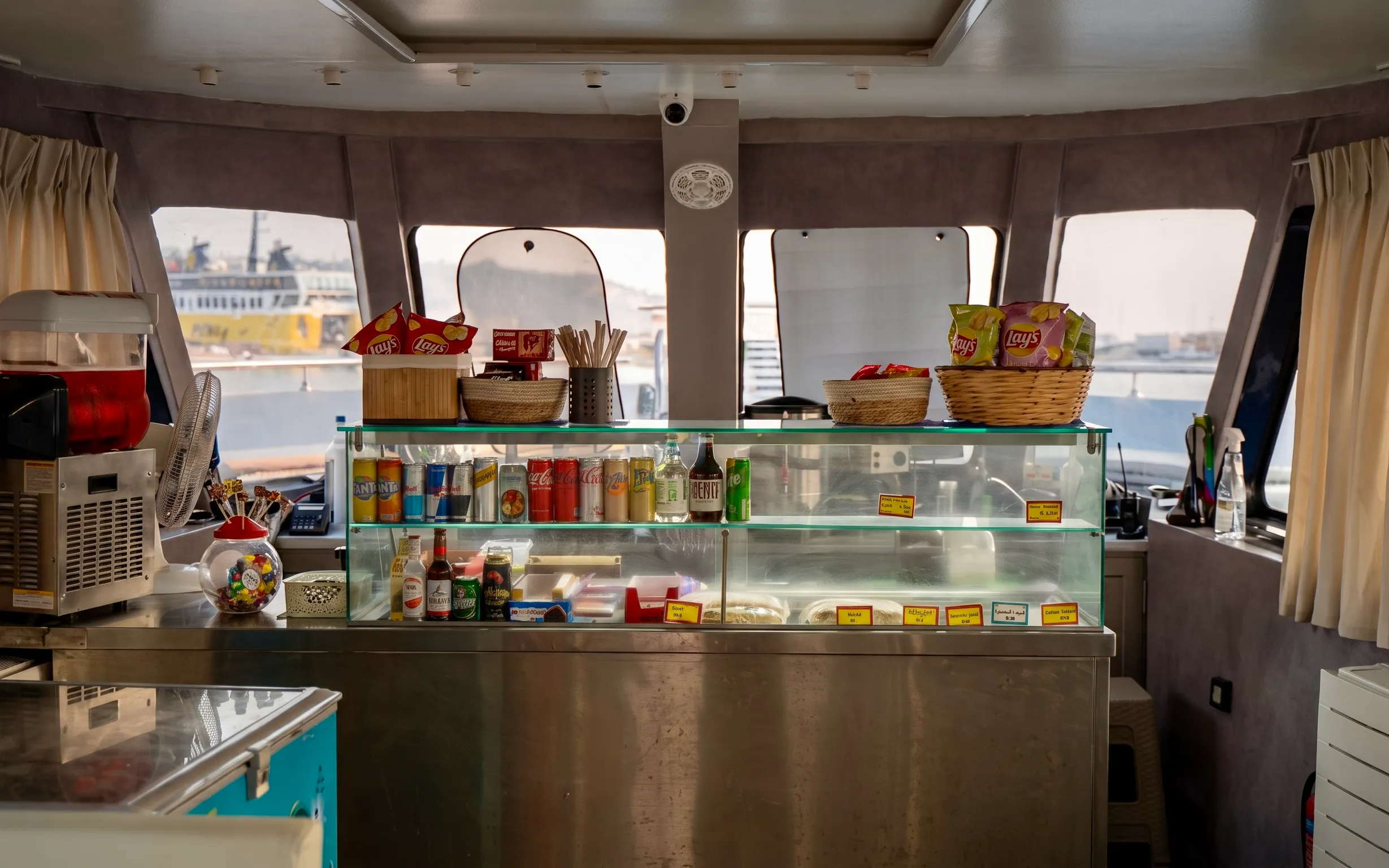 Snack bar counter on a modern excursion boat, Rhodes Cruise to Symi Island, Greece.