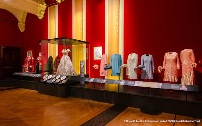 Exhibit of royal garments at The King's Gallery, Buckingham Palace.