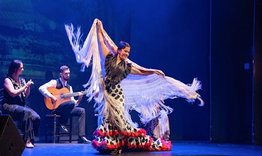 Flamenco dancer performing with musicians at Teatro Flamenco Granada.