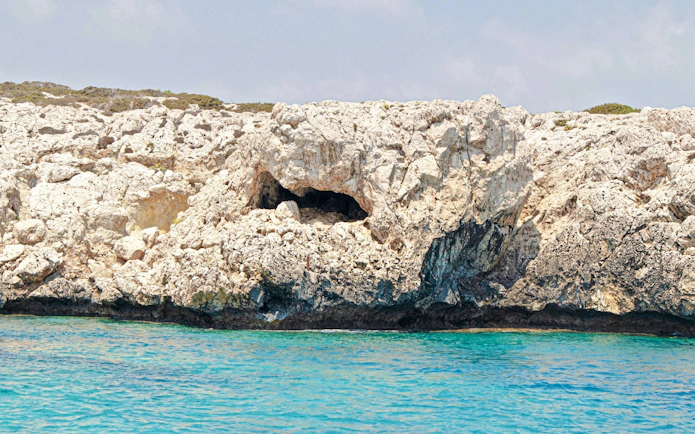 Sharks Mouth Cave at Cape Greko viewed from the sea, Protaras, Cyprus.