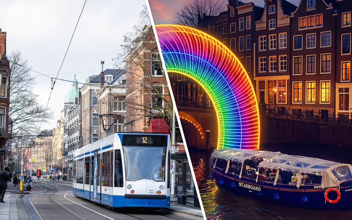 Tram on Amsterdam street and canal boat under rainbow lights, part of Amsterdam GVB pass experience.