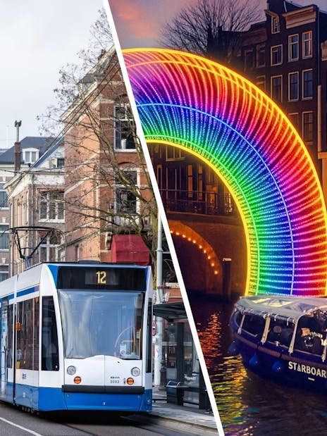 Tram on Amsterdam street and canal boat under rainbow lights, part of Amsterdam GVB pass experience.