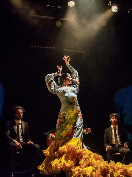 Flamenco dancer performing on stage at Teatro Flamenco Madrid with musicians seated around.