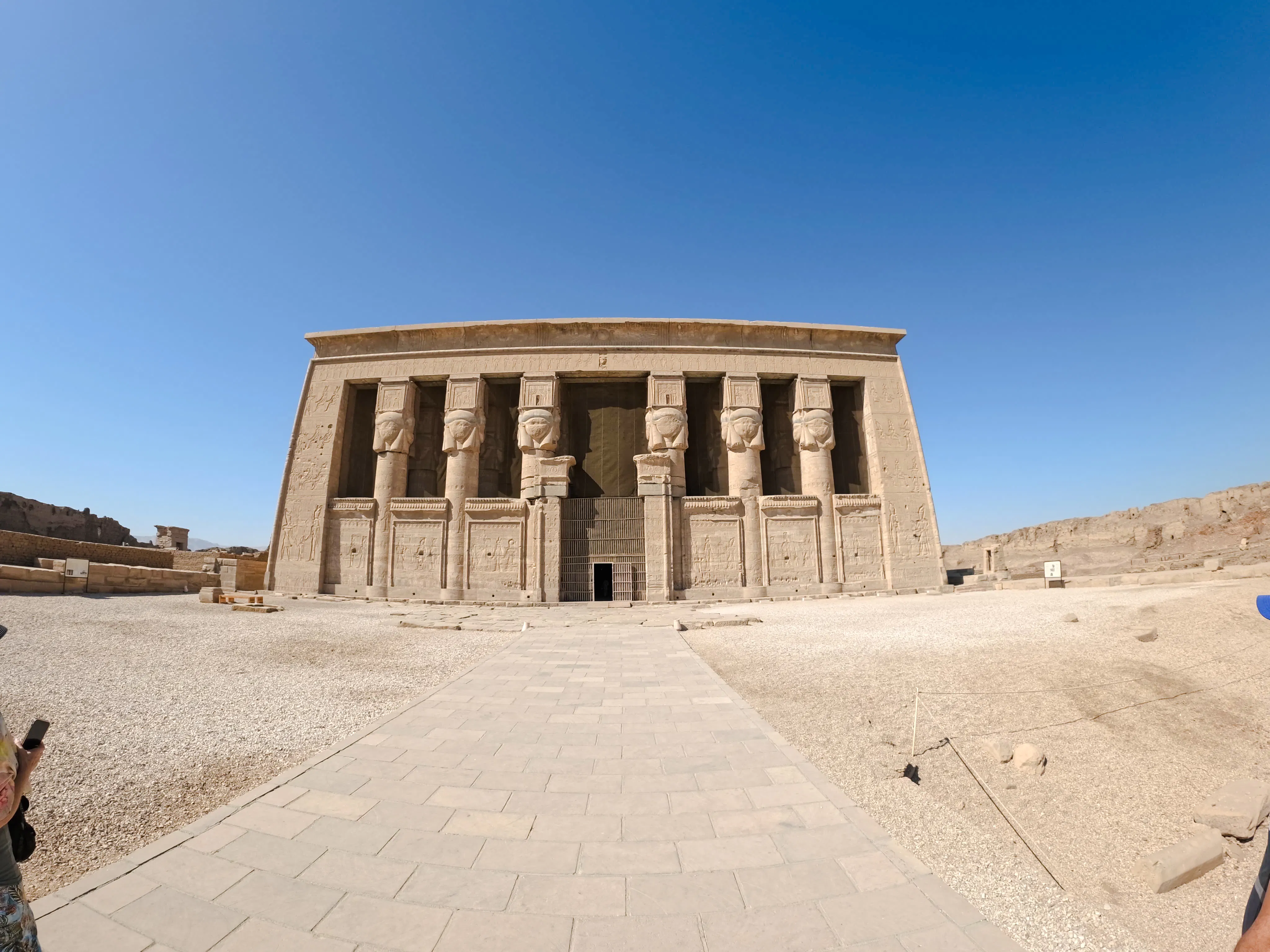 Facade of the Temple of Hathor at Dendera, Egypt, part of the Nile Serenade tour from Aswan.