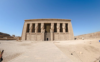 Facade of the Temple of Hathor at Dendera, Egypt, part of the Nile Serenade tour from Aswan.