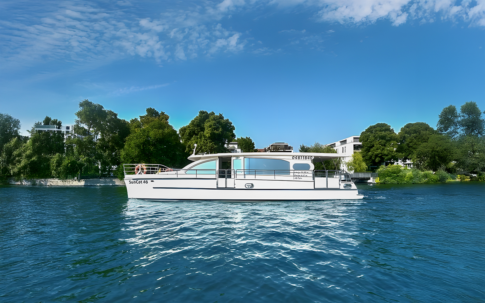 Solar catamaran cruising on Berlin's waterways with cityscape in the background.