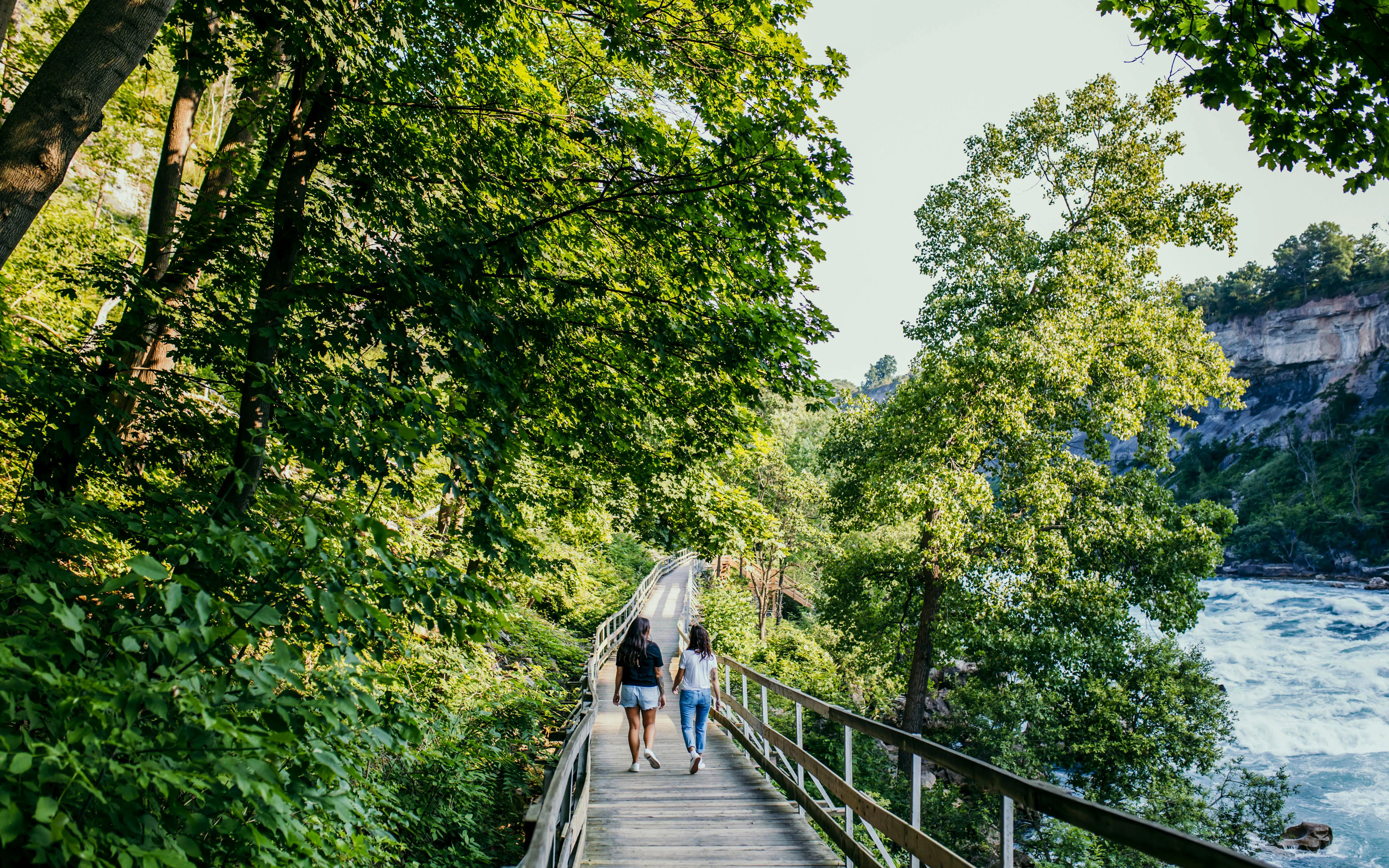 Visitors walking along a wooden path by the Niagara River surrounded by lush greenery.