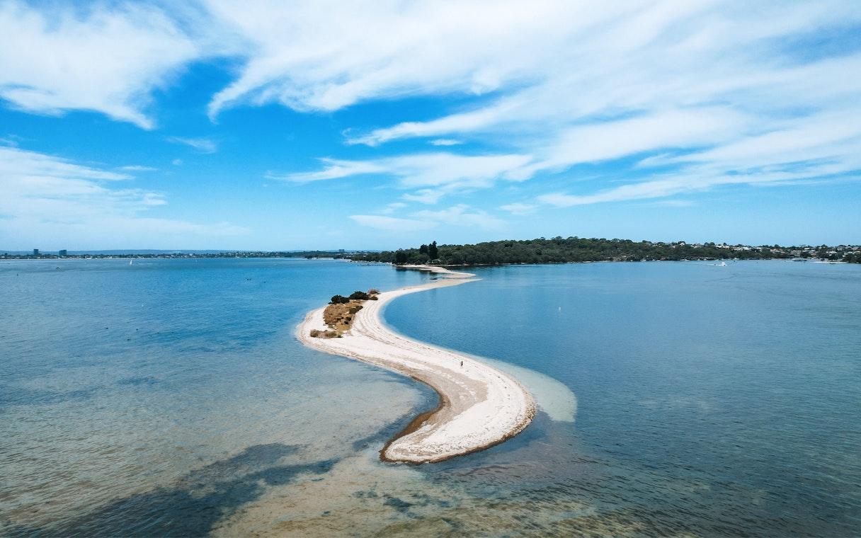 Aerial view of Point Walter sandbar extending into the Swan River, Perth, Australia.