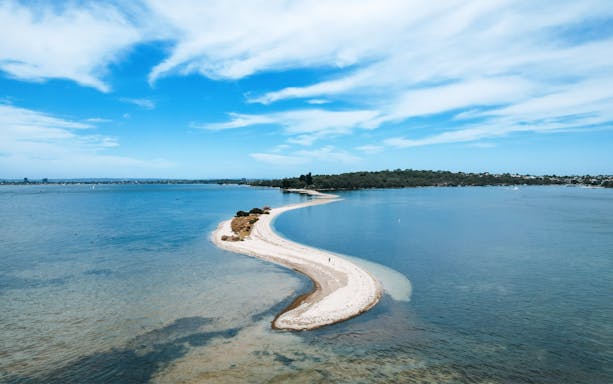 Aerial view of Point Walter sandbar extending into the Swan River, Perth, Australia.