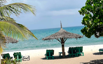 Beachfront with palm trees and lounge chairs under a thatched umbrella, Dar es Salaam, Zanzibar.