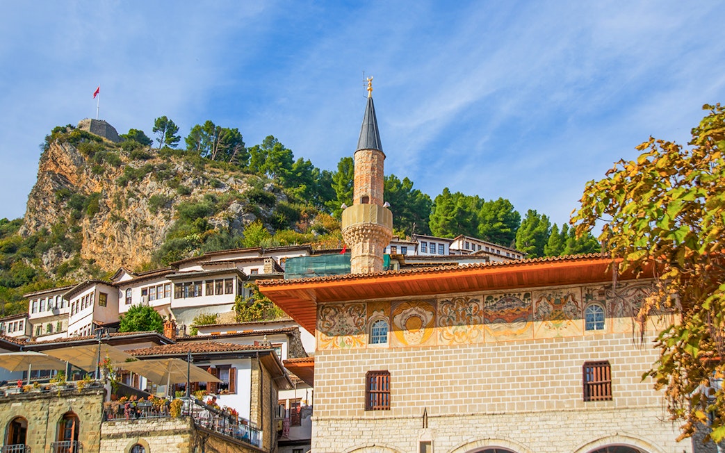 Old Bachelors' Mosque in Berat with hillside and traditional houses.