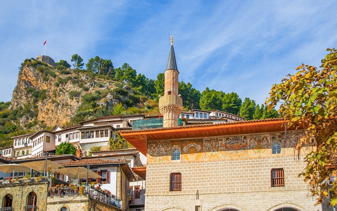 Old Bachelors' Mosque in Berat with hillside and traditional houses.