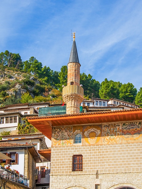 Old Bachelors' Mosque in Berat with hillside and traditional houses.