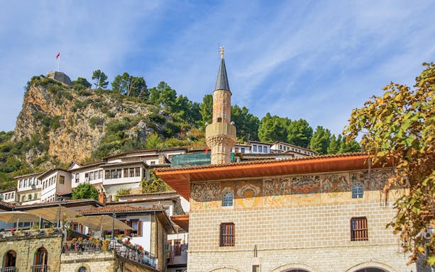 Old Bachelors' Mosque in Berat with hillside and traditional houses.