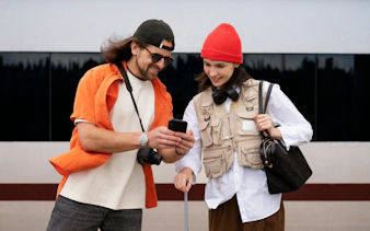 Tourists in Vienna using a phone for a self-guided city exploration game.