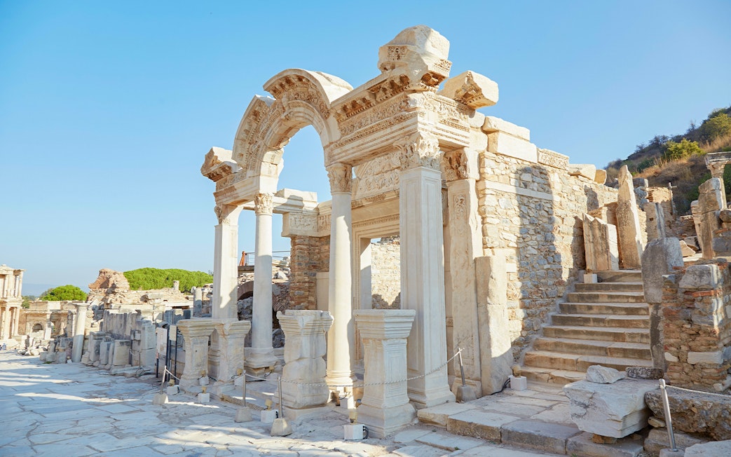 Ephesus ruins with ancient stone archway on Private Ephesus and Sirince Village Tour from Kusadasi.