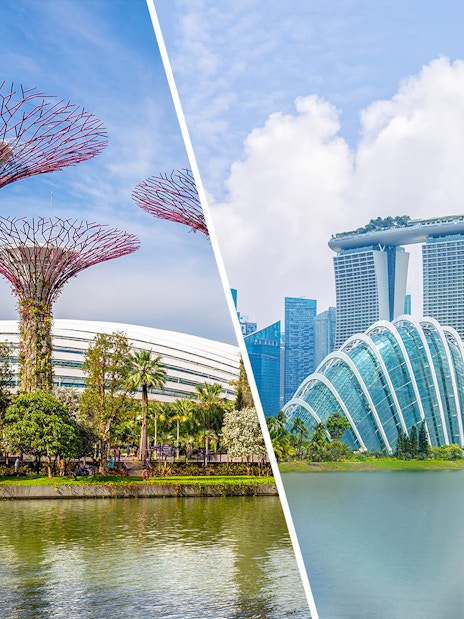 Gardens by the Bay Supertrees and Marina Bay Sands in Singapore.
