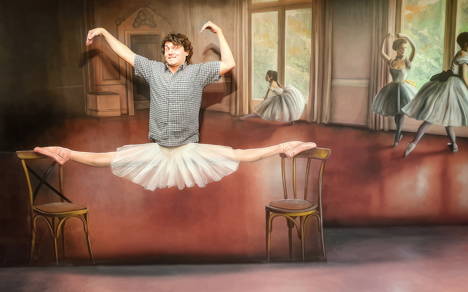 Man posing in a ballet illusion at the Museum of Fantastic Illusions.