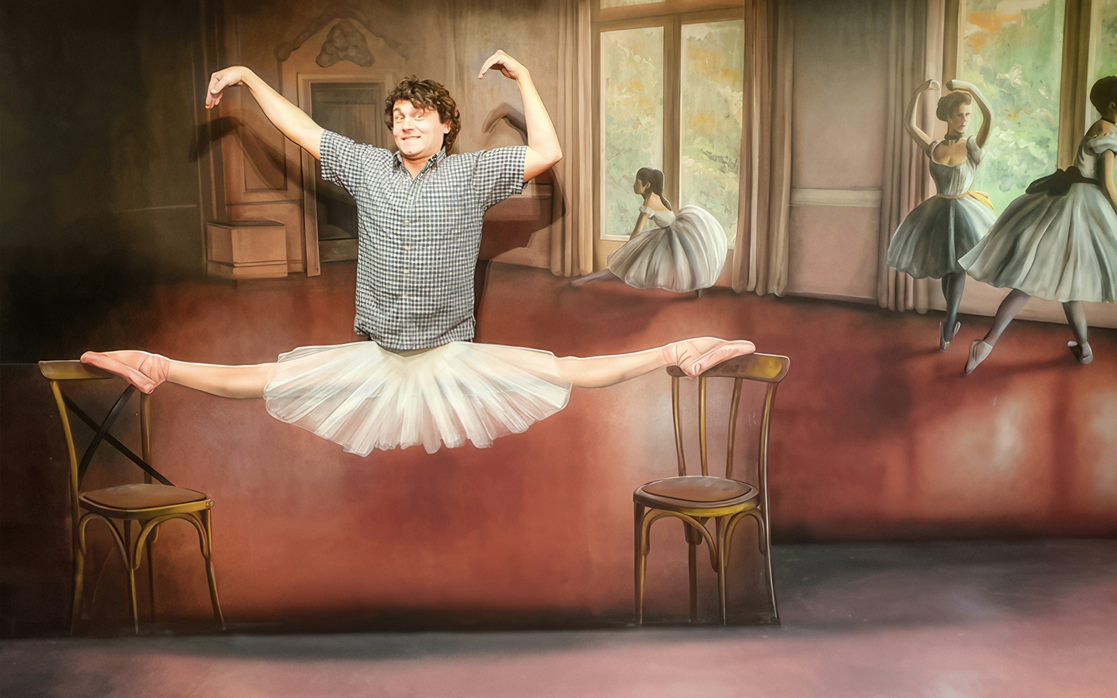 Man posing in a ballet illusion at the Museum of Fantastic Illusions.