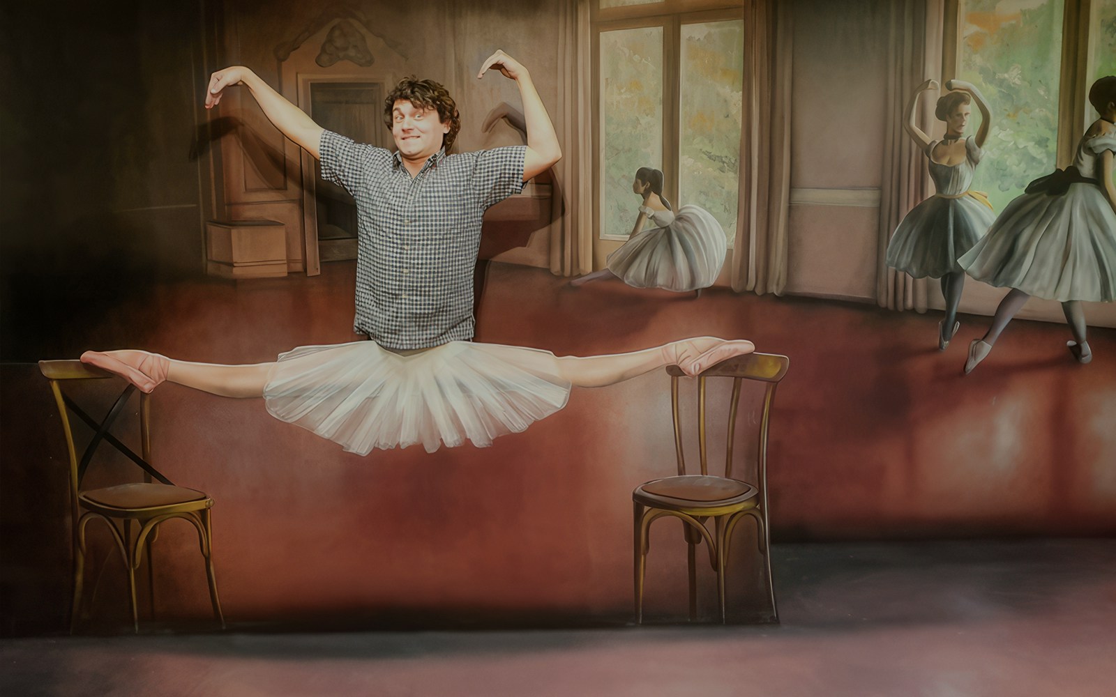 Man posing in a ballet illusion at the Museum of Fantastic Illusions.