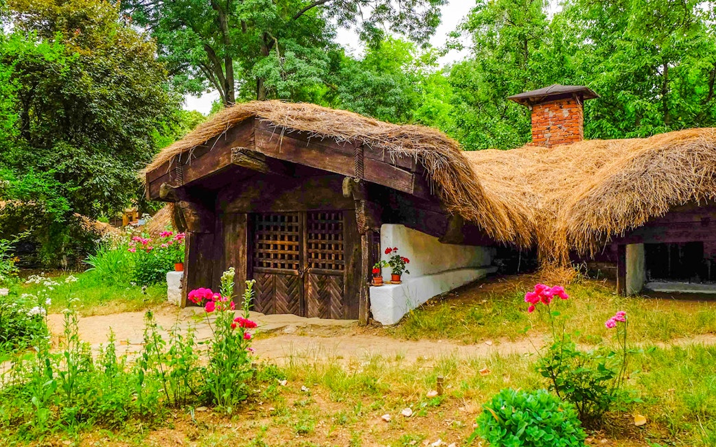 Traditional thatched-roof house at Dimitrie Gusti National Village Museum, Bucharest.