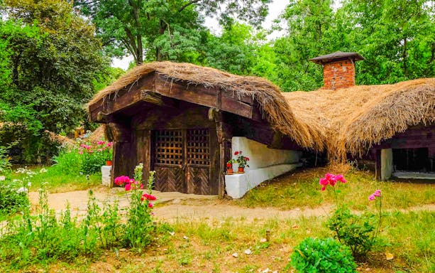 Traditional thatched-roof house at Dimitrie Gusti National Village Museum, Bucharest.