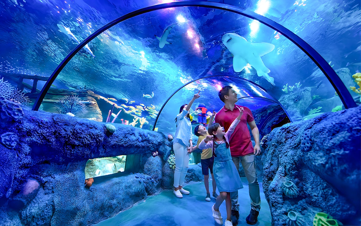 Family in underwater tunnel viewing sharks at SEA LIFE Malaysia, Legoland Resort.