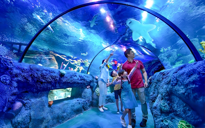 Family in underwater tunnel viewing sharks at SEA LIFE Malaysia, Legoland Resort.