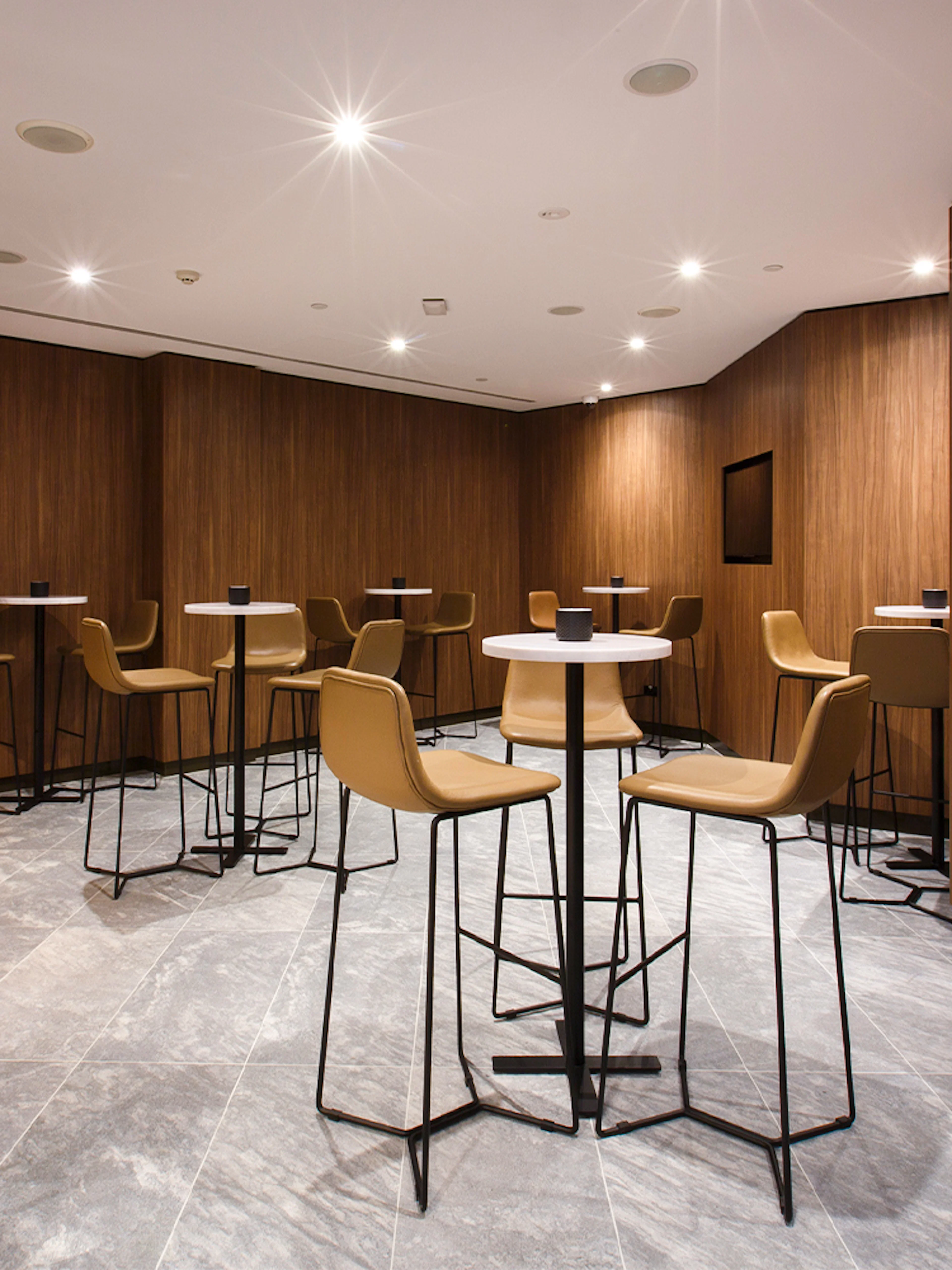 Plaza Premium Lounge seating area with modern chairs and tables.
