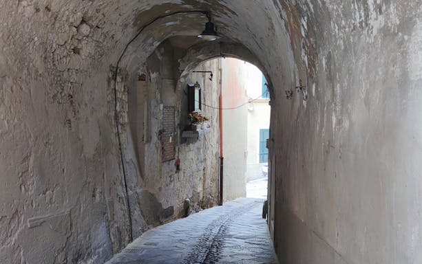 Narrow stone alleyway in Castello District with arched ceiling and rustic walls.