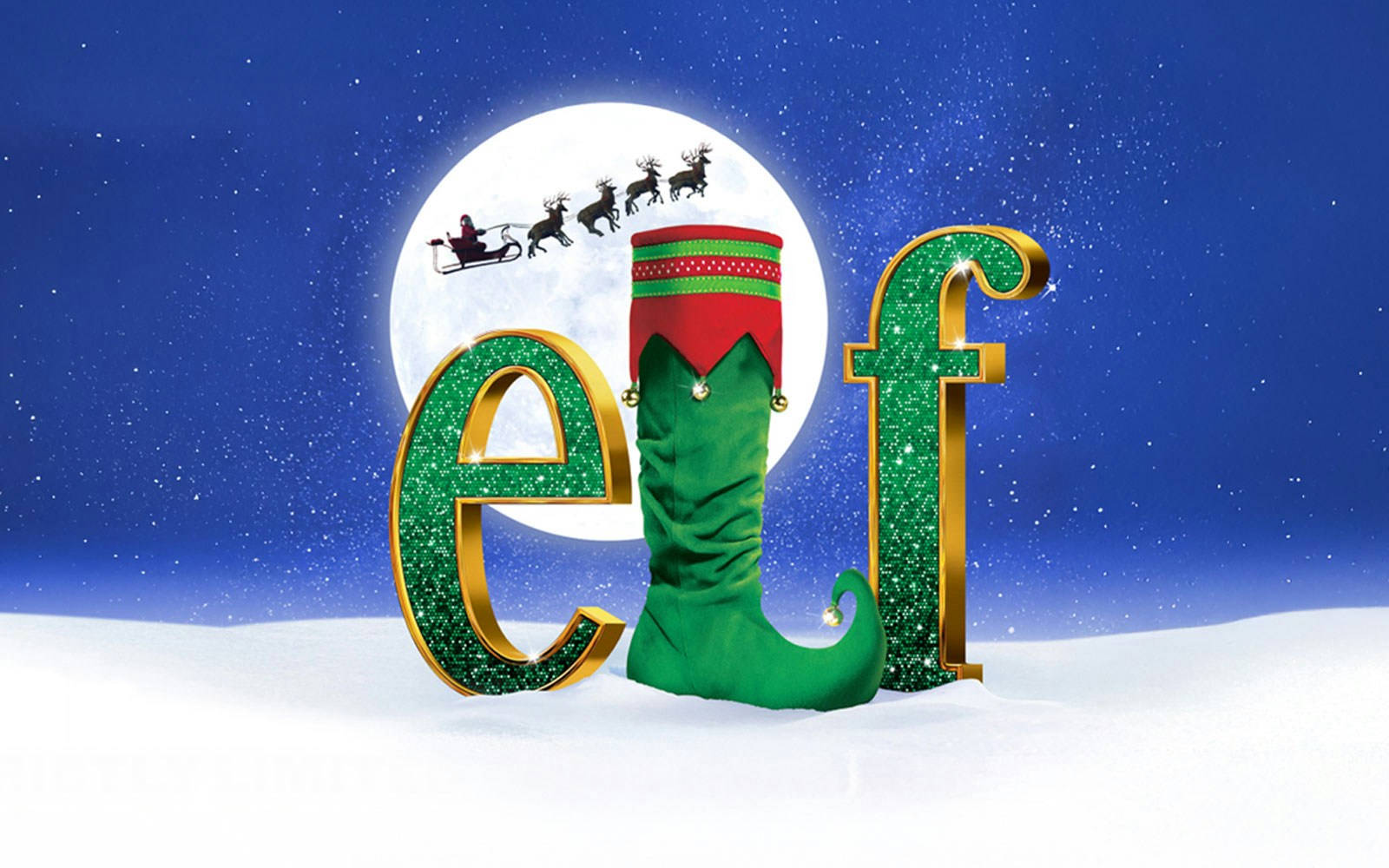Elf The Musical stage performance with actors in festive costumes, New York City theater.