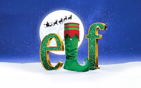 Elf The Musical logo with a green elf shoe and Santa's sleigh in the moonlit sky.