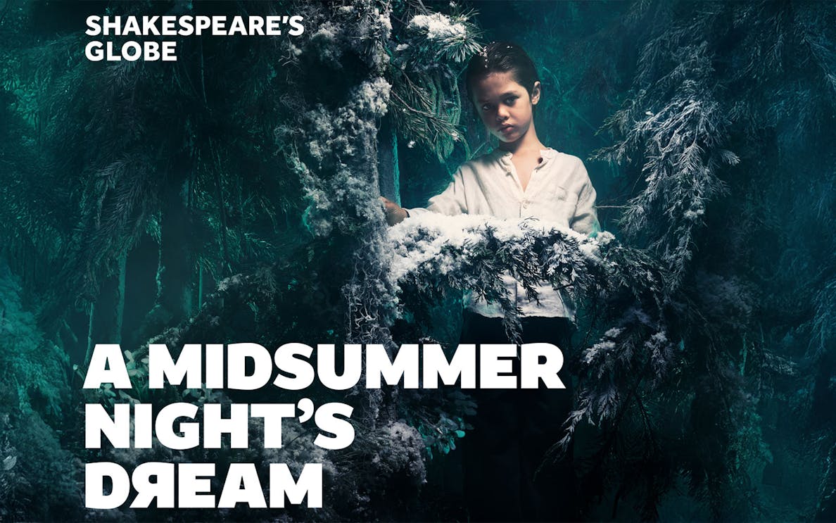 Child in a snowy forest setting for A Midsummer Night’s Dream at Shakespeare’s Globe, Westend.
