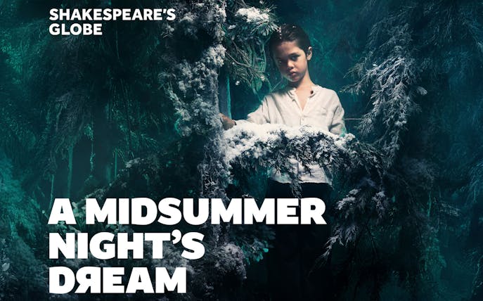Child in a snowy forest setting for A Midsummer Night’s Dream at Shakespeare’s Globe, Westend.