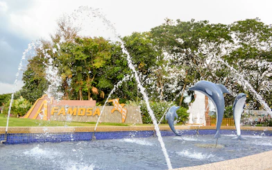 Dolphin fountains at A'Famosa Melaka Waterpark, Melaka, Malaysia.