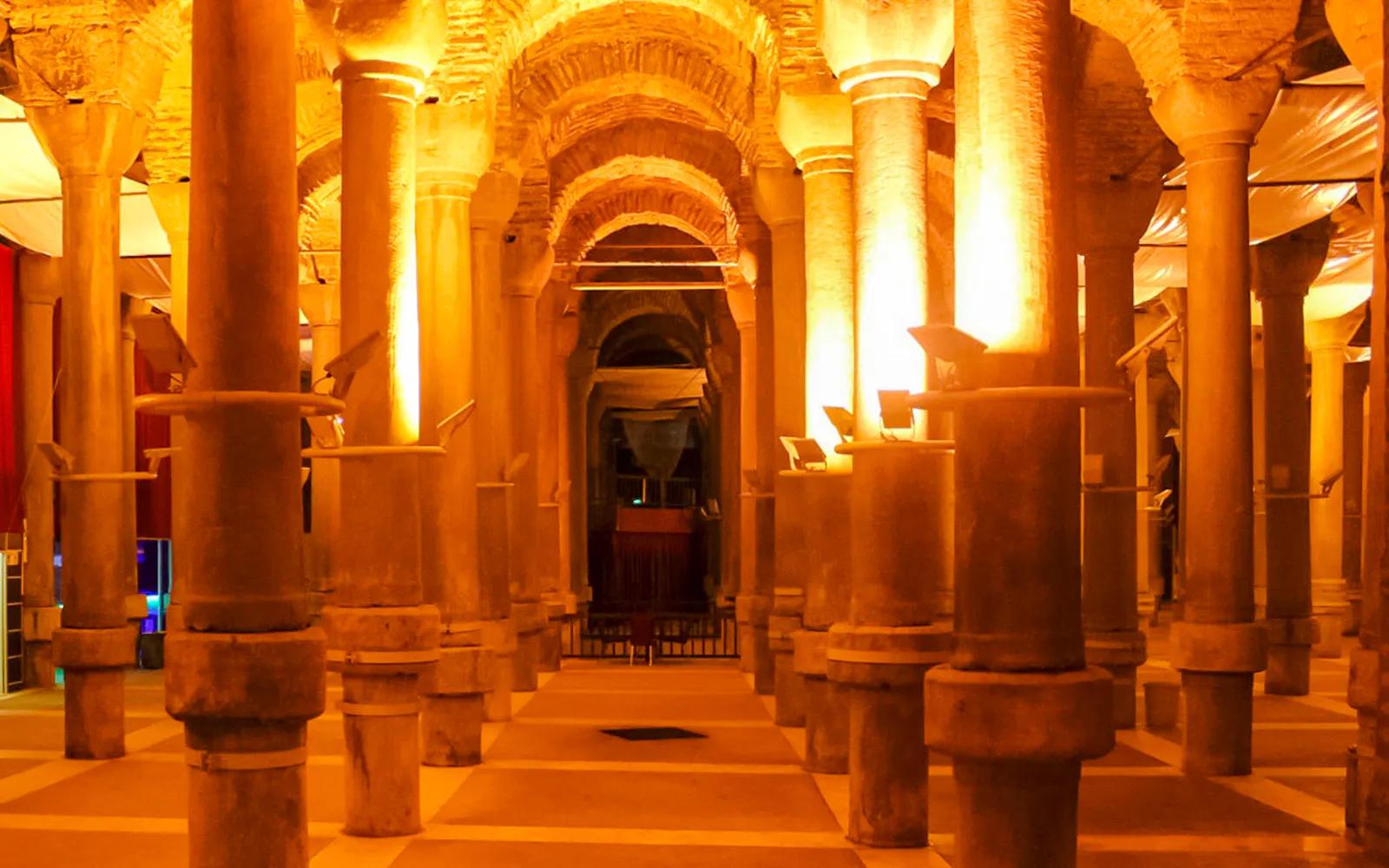 Basilica Cistern interior with illuminated columns in Istanbul.