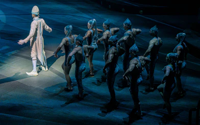 Performers in synchronized dance at La Perle show, Dubai.