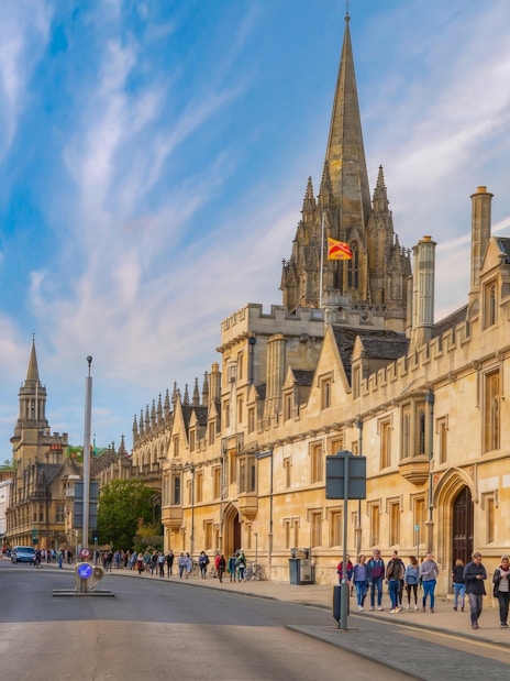 High Street in Oxford with St Mary's University Church in the background.